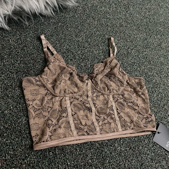 Nude Taupe Brown Tan Lace Structured Bustier Bra Corset Top Sexy Stretch Shirt S - Picture 6 of 16